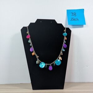 Multicolor Charm Necklace 38in Beaded Statement Silver Tone Boho